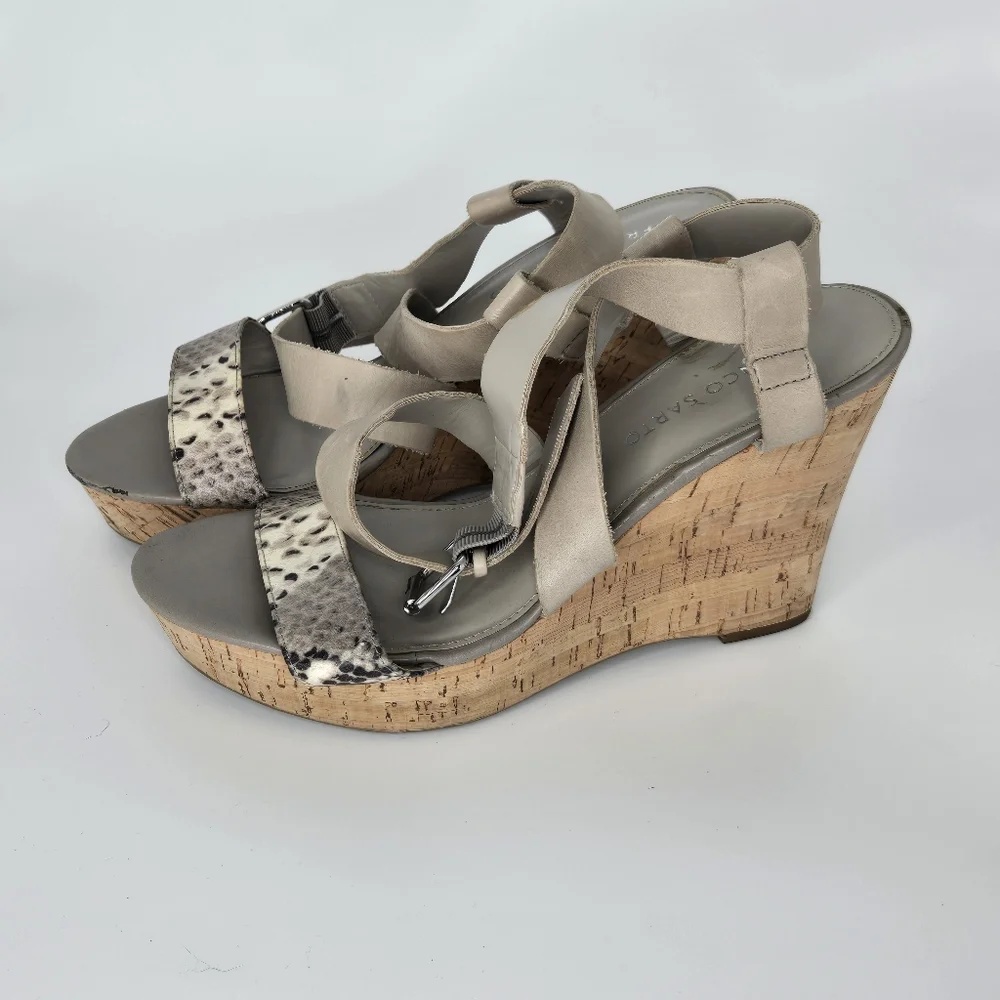 Franco Sarto Shania Wedge Sandal Gray Leather Snake‎ Size 8.5